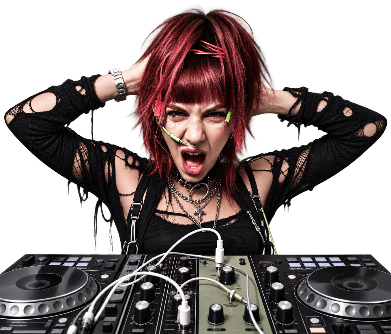 Diansis behind the decks, red hair and hands in her hair