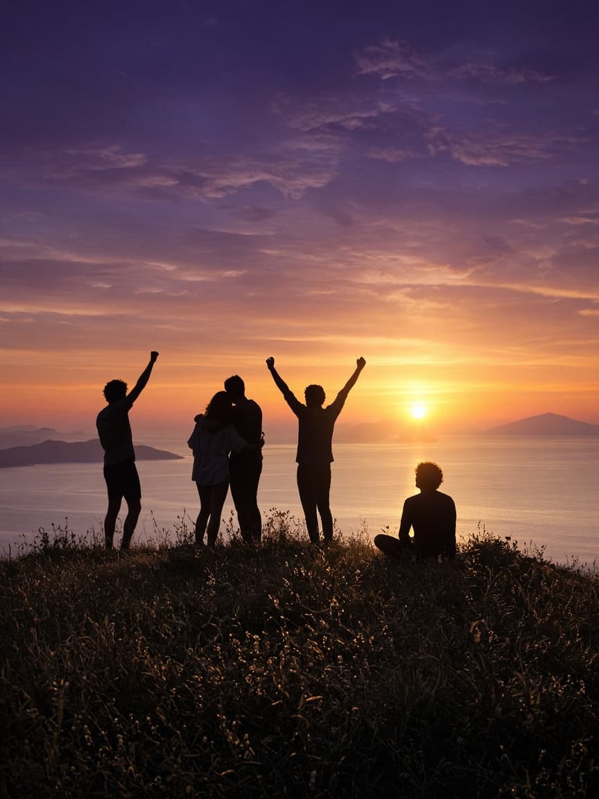 Friends silhouetted on a hilltop above the sea at sunset, arms raised